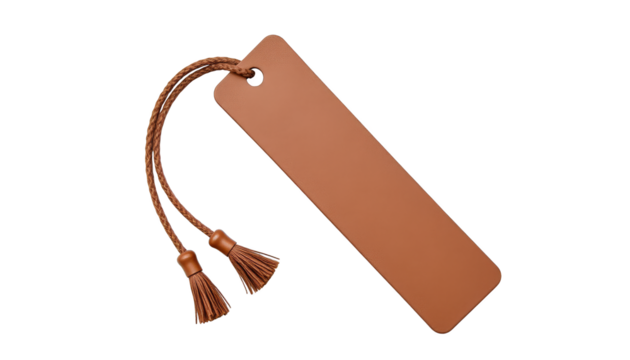 A tan leather bookmark with a brown tassel hangs against a white background.