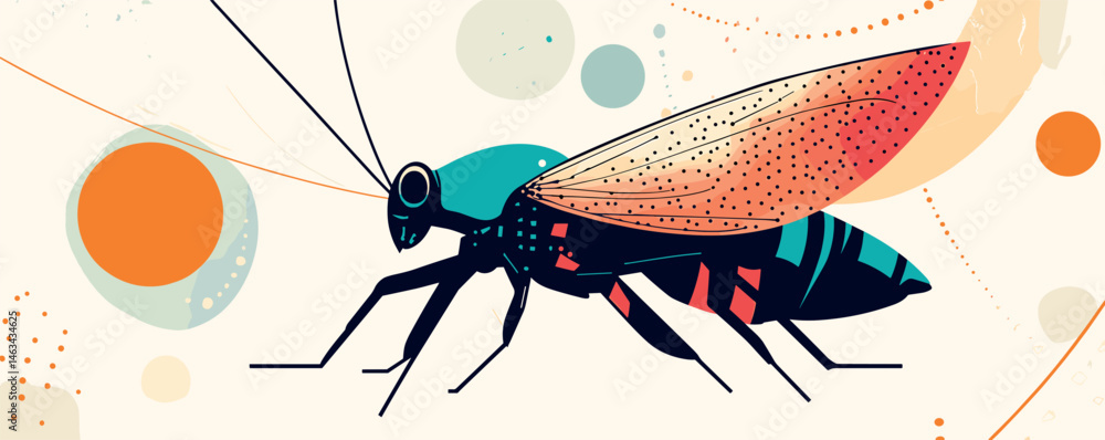 Poster colorful abstract insect illustration with geometric background and intricate patterns.