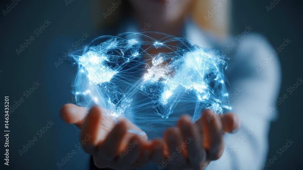 Poster person holding a glowing digital world map in their hands displaying a global network and communicat