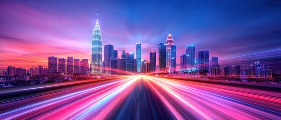 Vibrant Cityscape at Dusk: A Symphony of Lights and Speed
