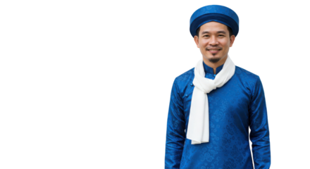 Smiling man in traditional blue outfit and white scarf isolated on white