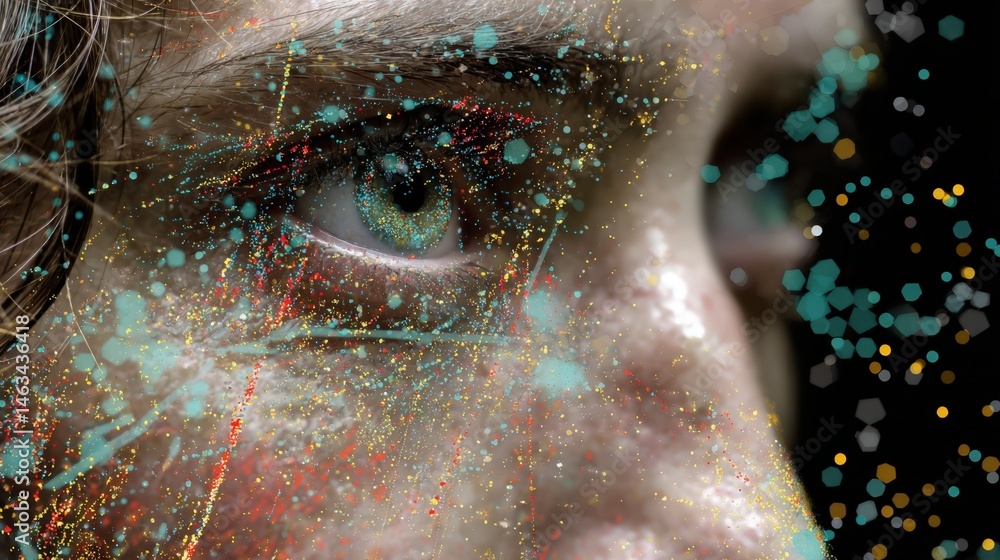 Poster close up of human eye with abstract colorful digital overlay for artificial intelligence and future 
