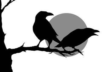 Dark silhouette illustration of two ravens sitting on a branch. Perfect for seasonal decorations, eerie backgrounds, wildlife concepts, or storytelling visuals.