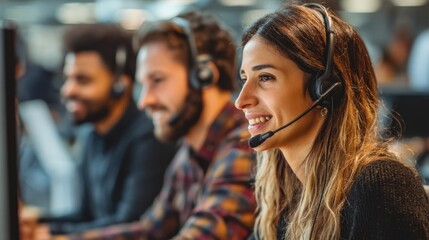 Happy Female Call Center Agent Wearing Headset Providing Customer Support With Diverse Colleagues in Background
