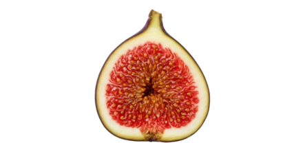 Close-up of a single halved ripe fig fruit isolated on white background