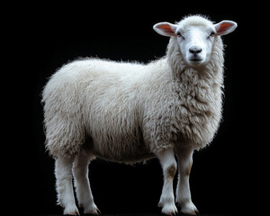 Fototapeta premium Fluffy White Sheep on Black Background – Soft Wool, Gentle Expression, High-Resolution Photo