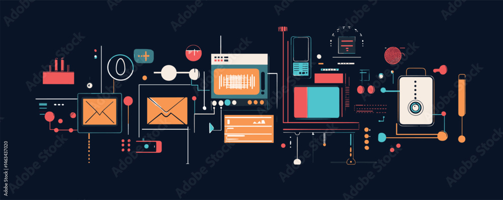 Poster futuristic digital interface with abstract geometric elements and icons on dark background.