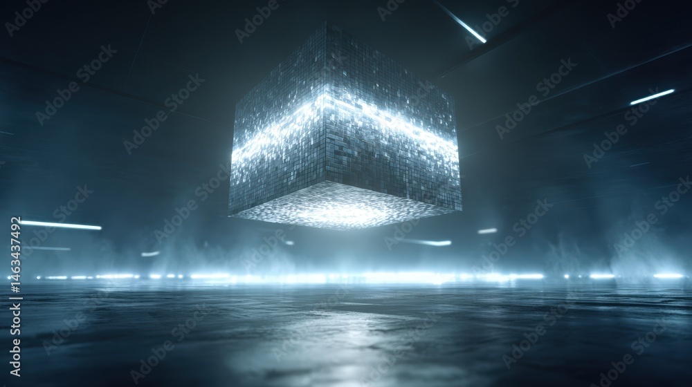Poster glowing cube structure illuminated in a dark room creates a futuristic abstract scene with concrete 