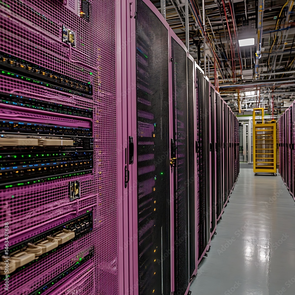 Poster A data center hallway featuring rows of server racks