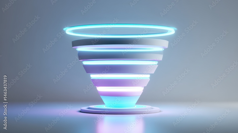 Poster abstract 3d rendering shows a futuristic funnel with neon glowing light rings for a modern technolog