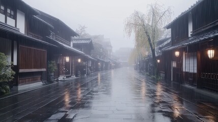 Fototapeta premium Misty street scene tranquil asian architecture rainy day wet cobblestone reflections travel tourism
