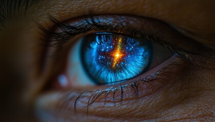 Naklejka premium Close-up view of an eye with a cosmic design within.