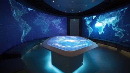 Futuristic Command Center Interior with World Map Displays and Interactive Table Offers High Tech Surveillance Solutions