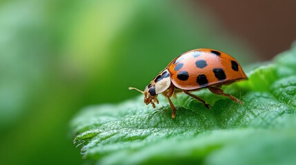 Fototapeta premium Ladybug on Green Leaf Macro