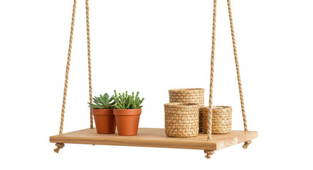 Hanging shelf with succulent plants and wicker pots isolated PNG with Transparent Background