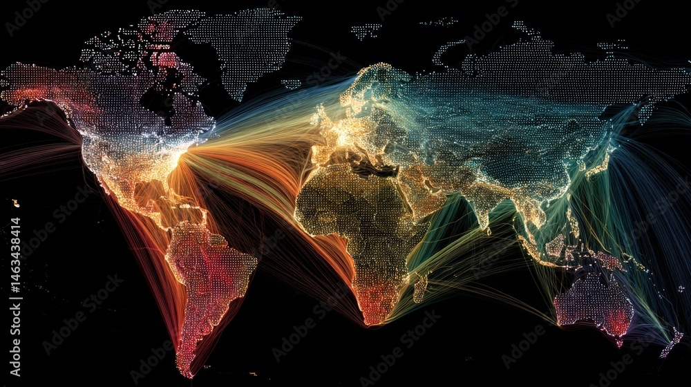 Poster dotted world map with colorful lines illustrating global network connections and data flow on a blac
