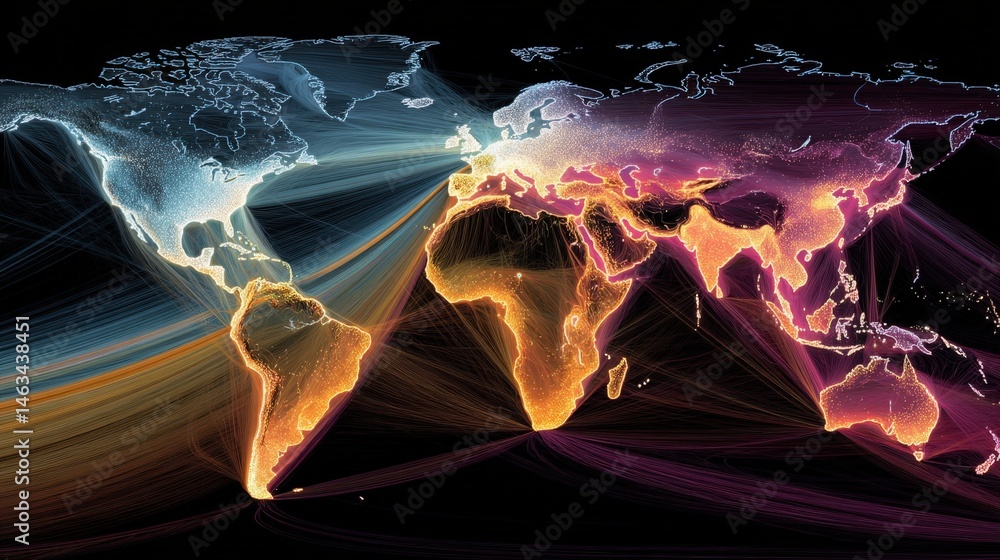 Poster global connectivity illustrated by a stylized world map with flowing lines showing data connections 
