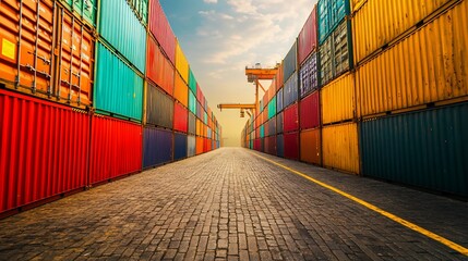 Fototapeta premium Shipping container terminal perspective, vibrant hues of global logistic network