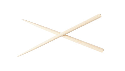 Two light brown wooden chopsticks are crossed against a white background.