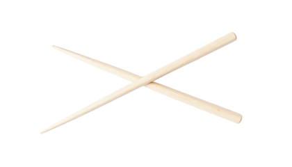 Two light brown wooden chopsticks are crossed against a white background.