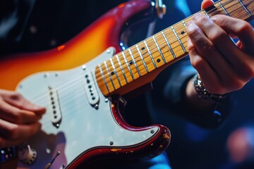 Obraz premium Close-Up of a Musician's Hand Gripping the Neck of an Acoustic Guitar During a Live Performance