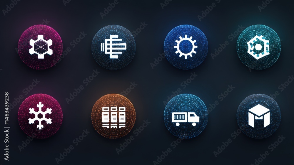 Poster creative digital icons set featuring technology symbols like gears and data storage on dark backgrou
