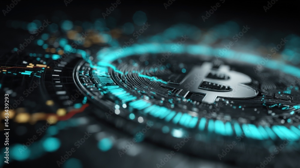 Poster bitcoin digital currency concept shows a futuristic digital trading platform with a cyber currency o