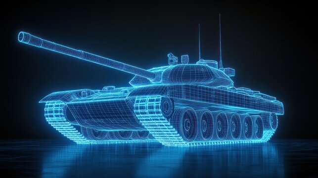Digital tank wireframe futuristic military vehicle rendering
