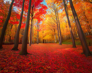 Fototapeta premium Ultra-realistic photo of a vibrant autumn forest with red and orange leaves, centered on pastel yellow background