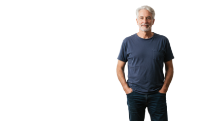 Smiling older man in casual t shirt standing on white background