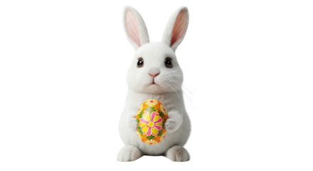 Cute white Easter bunny holding decorated egg isolated on white background