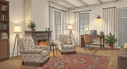 Cozy Living Room Interior Design with Fireplace Armchairs and a Desk near Windows