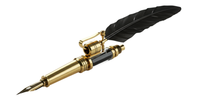 Luxury Vintage Golden Fountain Pen with Black Quill Feather Isolated on White Background