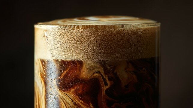 Close-up of a beverage with a frothy top and swirling patterns.