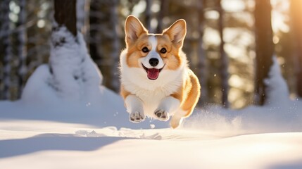 bounding corgi winter