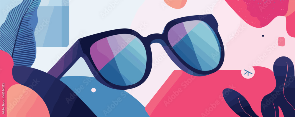 Aufkleber stylish sunglasses on abstract colorful background with geometric shapes and patterns.