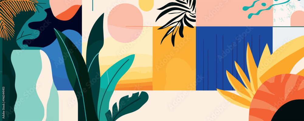 Poster colorful abstract print with geometric patterns and leaf illustrations.