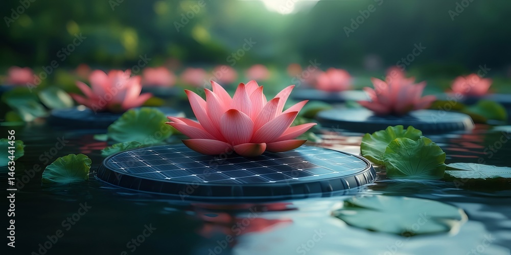 Poster 穏やかな池に浮かぶピンクの蓮の花と蓮の葉 優雅な反射と緑豊かな背景が調和した自然の美しさを捉えた水彩画風の静かな風景