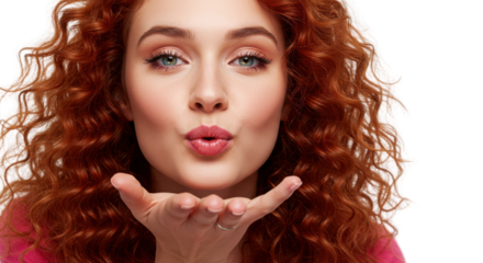Redheaded woman blowing kiss at camera on white background