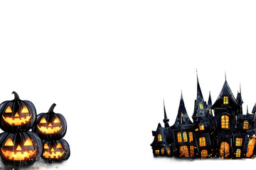 A halloween scene featuring pumpkins and a spooky haunted house
