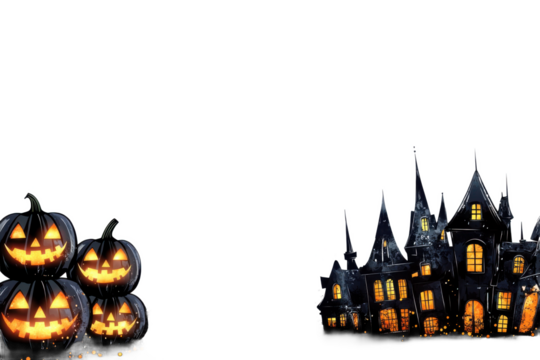 A halloween scene featuring pumpkins and a spooky haunted house