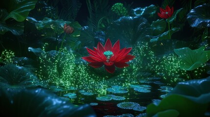 Red water lily with glowing green particles