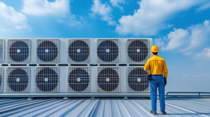 Technician inspecting industrial air conditioning unit on rooftop