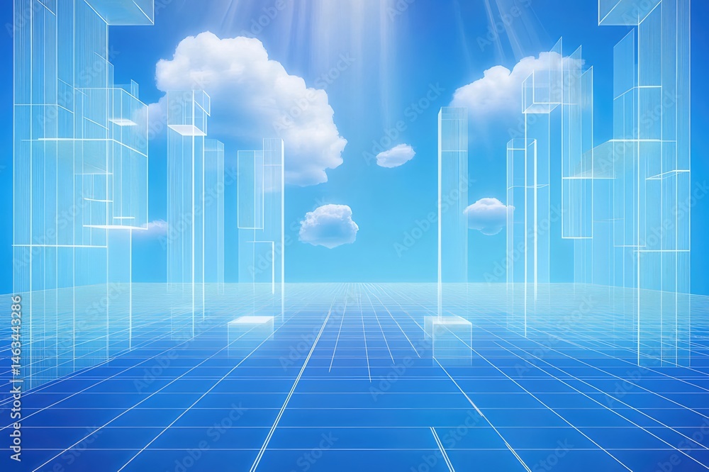Poster 青空の抽象的な立方体と雲の風景 光の線とピクセルのディテール 未来的なデジタルの背景デザイン