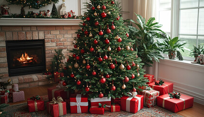 Christmas Tree with Red and Gold Ornaments near Fireplace