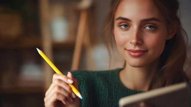 Thoughtful Expression: A young woman with a charming smile, a touch of thoughtful expression, looks directly at the viewer, holding a pencil and a notebook.