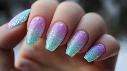 Glittery ombre nails, pastel colors, close-up view.