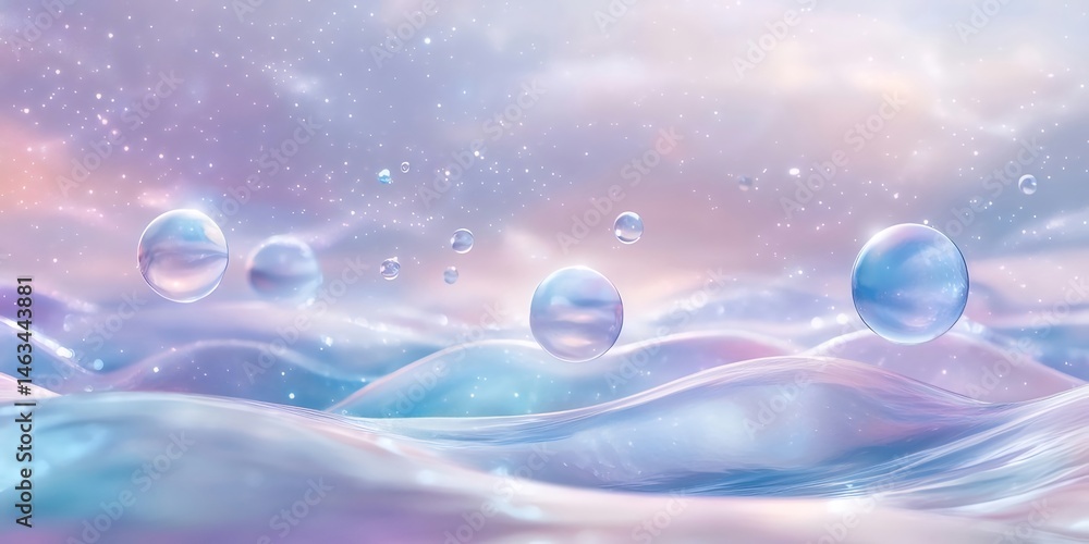 Poster 青と紫の抽象的な背景と波状の表面に浮かぶ透明な球体 光と影の効果 テクスチャのあるデザインが特徴 夢のような雰囲気