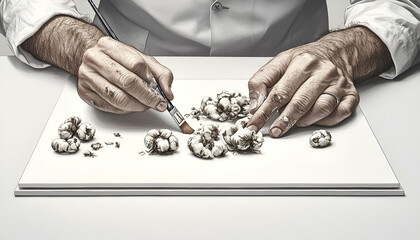 Closeup of Hands Carefully Arranging Small Objects on White Surface