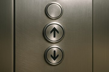 Modern Elevator Interior: Metallic Buttons with Upward and Downward Arrows for Efficient Direction and Accessibility in Office Buildings